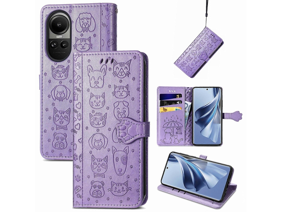 Capa De Celular Em Couro Com Relevo De Gato E Cachorro Para Oppo A38