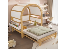 Cama Beliche Expansível Com Teto Curvo, Cama Deslizante, Infantil, Sofá-cama, Prateleira Lateral, Pinho+mdf, Branco+natural, 140x200cm.