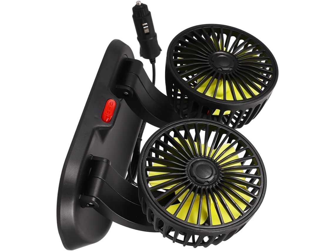Ventilador de carro com cabeça dupla giratória para camping e SUV, ventilação