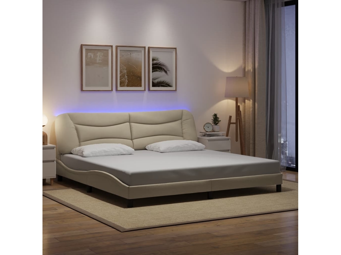 Estrutura De Cama Com Led Sem Colchão 200x200 Cm Tecido Creme