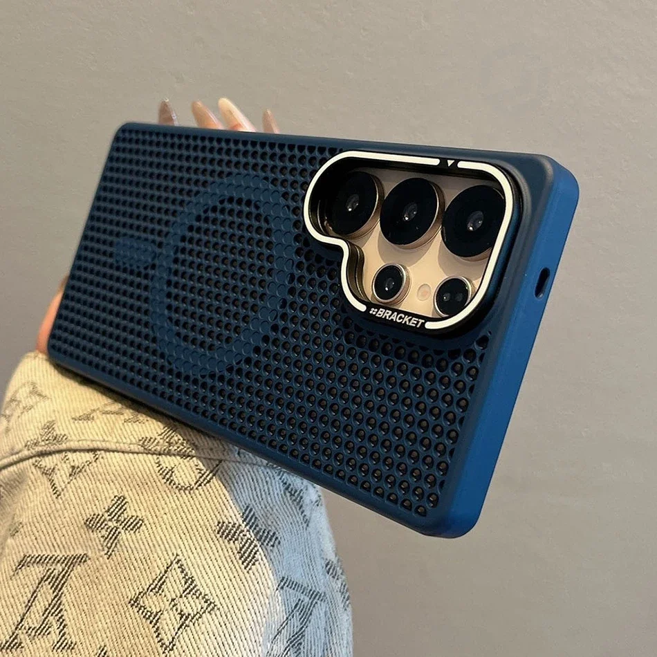 Capa Protetora Térmica (azul Para Galaxy S23 Ultra), Suporte Para Lente Dourado, Carregamento Sem Fio.