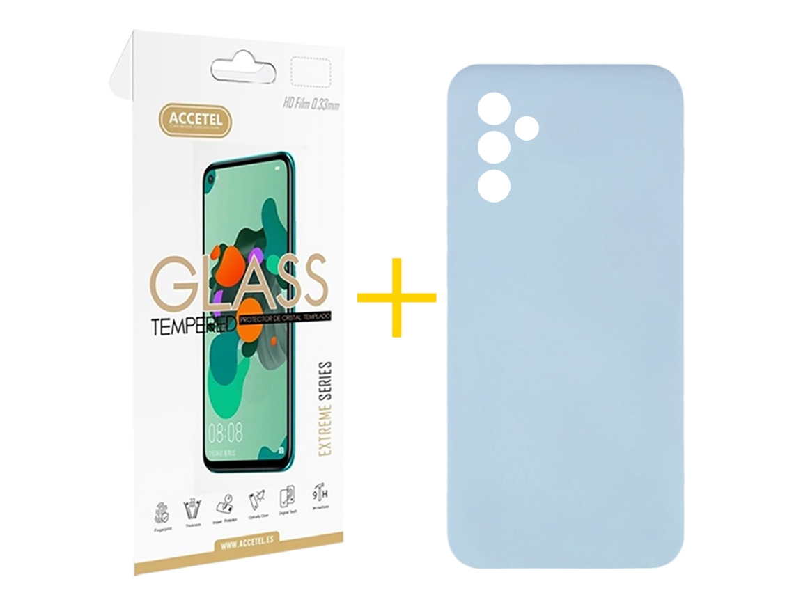 Pack 1 x Película de Vidro Temperado 2.5D + Capa ACCETEL Samsung Galaxy A16 5G Silicone Líquido Azul Claro