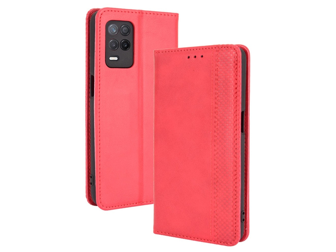 Capa Fecho Fundo Para Realme Realme V13 5g/8 5g Pele Sintética Magnética Vintage Vermelho
