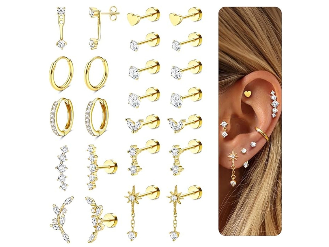 Brincos, 12 Pares De Brincos De Aço Inoxidável Com Zircônia, Para Orelhas Sensíveis (dourado) Spqment