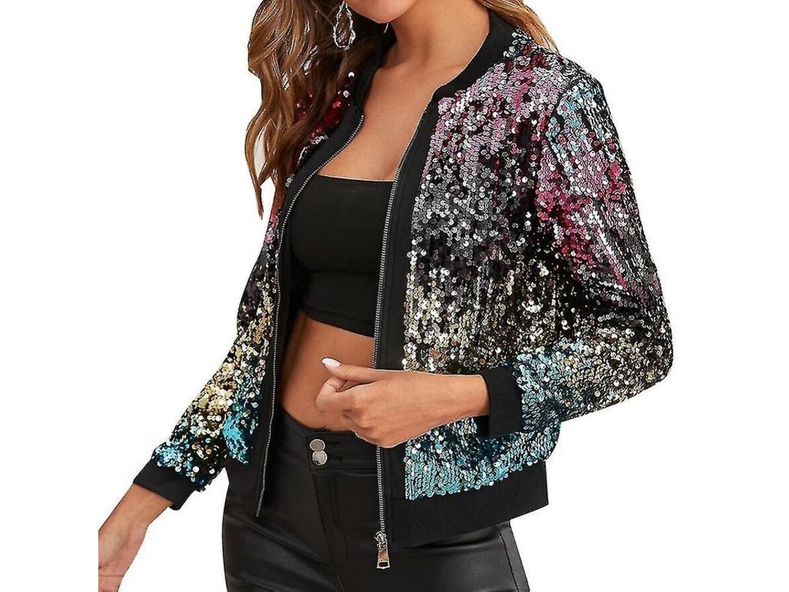 2026 chaqueta Corta Mujer Con Secuencias Moda Botones Manga Larga para Nocheclub Thp L Púrpura