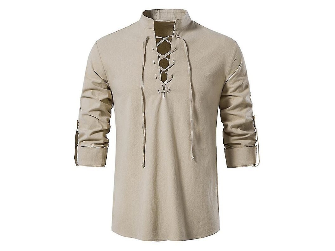 Camisa De Linho Casual Com Gola Alta E Mangas Longas, Fit Solto, Ideal Para Diversas Ocasiões Khaki