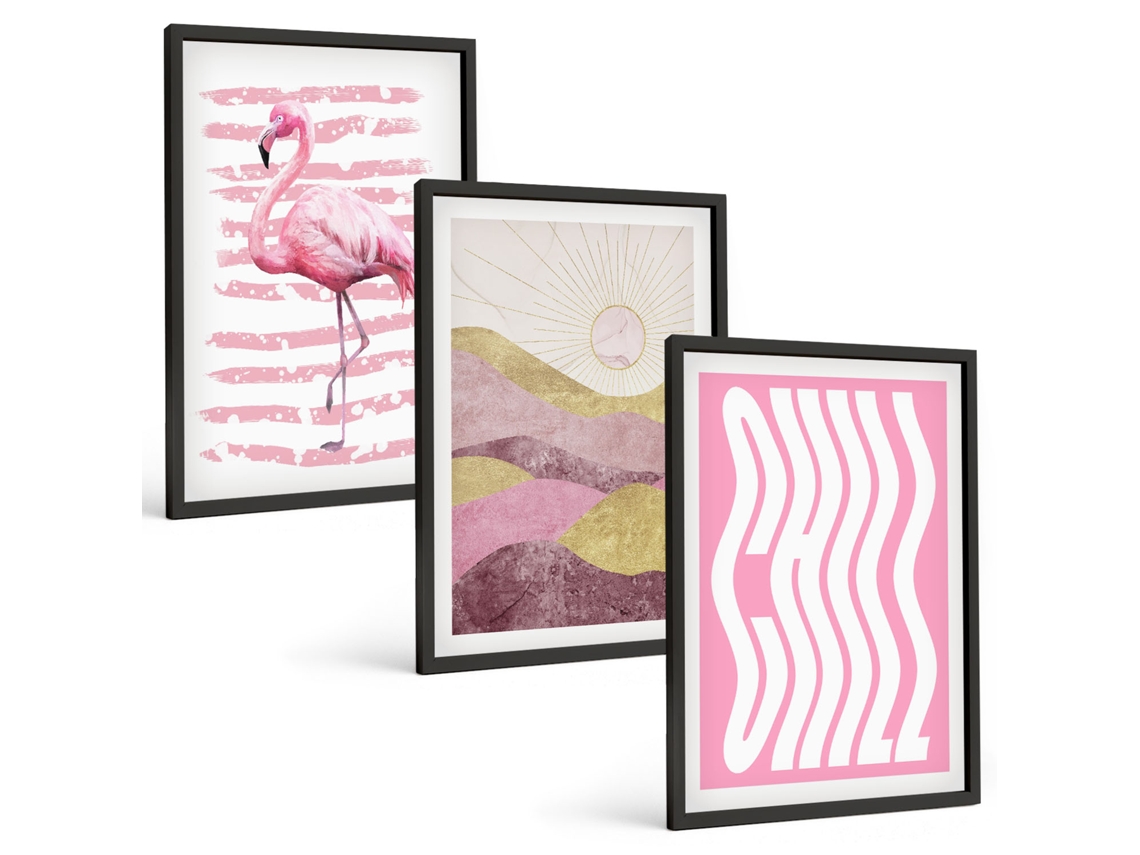 Pinturas Murais Modernas Flamingo Rosa, Paisagem Pastel Moldura Preta Fotos Para O Escritório Espelharte (3 Piezas De 40x60 Cm)