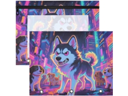 Conjunto de 2 Estojos Plástico Transparente para Lápis Tamanho A4 Design Fofo e Feroz Cachorro Husky 31 X 24