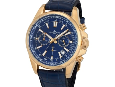 Relógio masculino azul couro real cronógrafo Liverpool 1-2117G JACQUES LEMANS