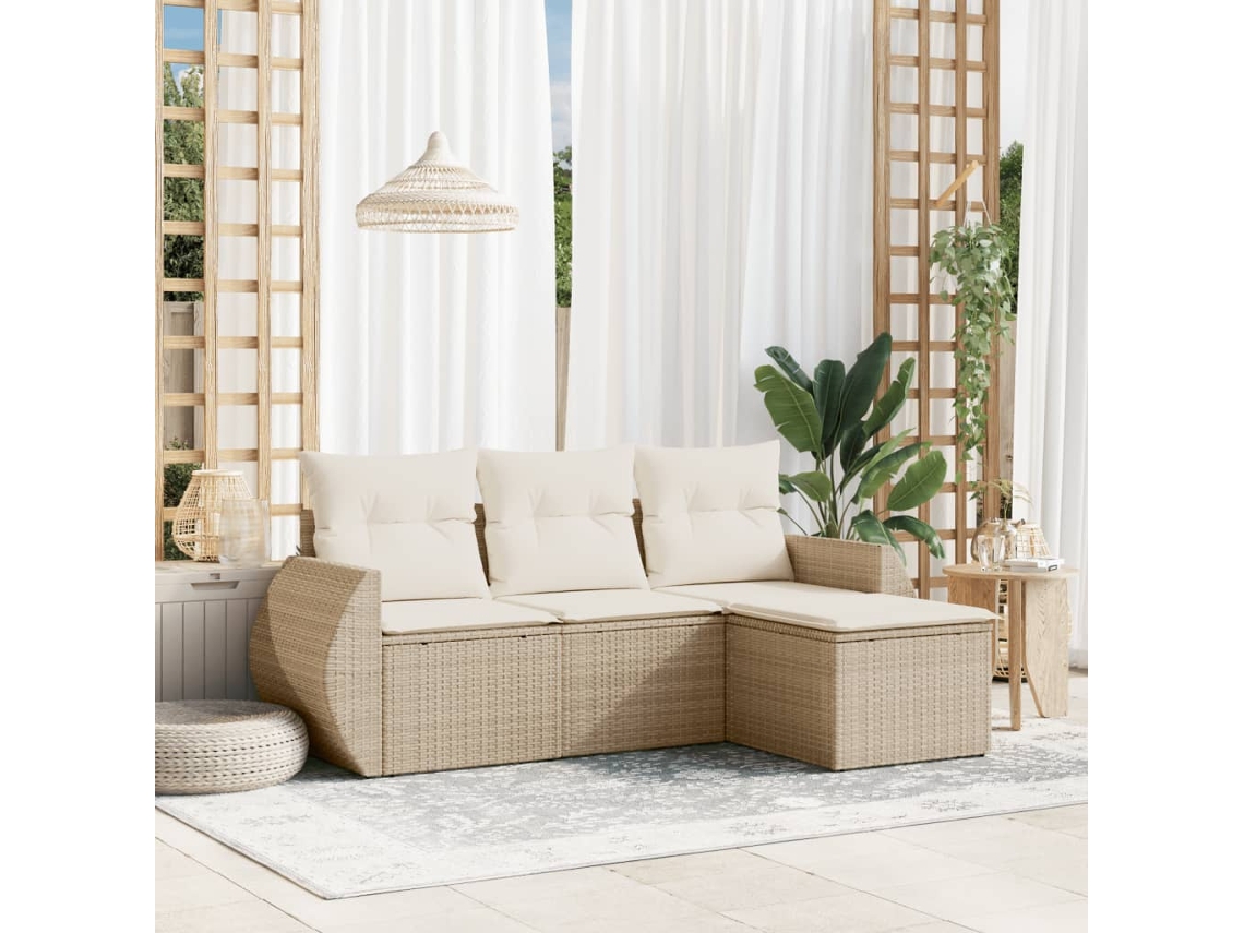 4 Pcs Conjunto De Sofás Para Jardimconjuntos Relax Jardimconjunto De Jantar C/ Almofadões Vime Pe Bege Cfw816470 Lovely Home