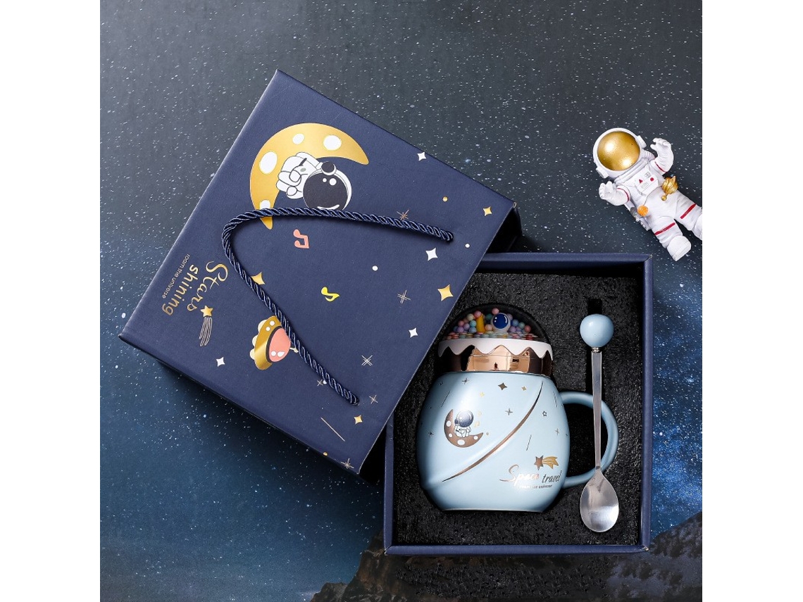 Caneca De Cerâmica Azul-clara Com Tampa E Colher, Série Astronauta, Brinde Corporativo Criativo