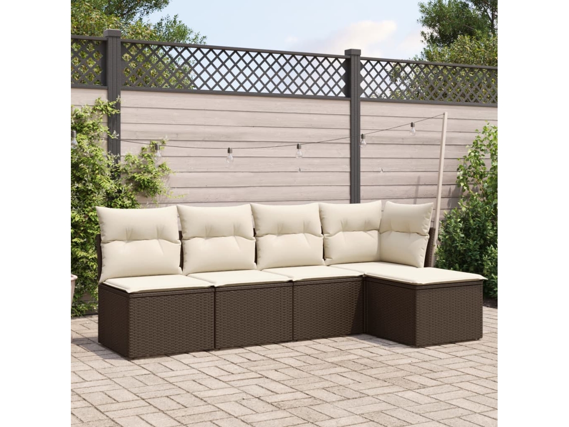 Vidaxl 5 Pcs Conjunto Sofás P/ Jardim C/ Almofadões Vime Pe Castanho