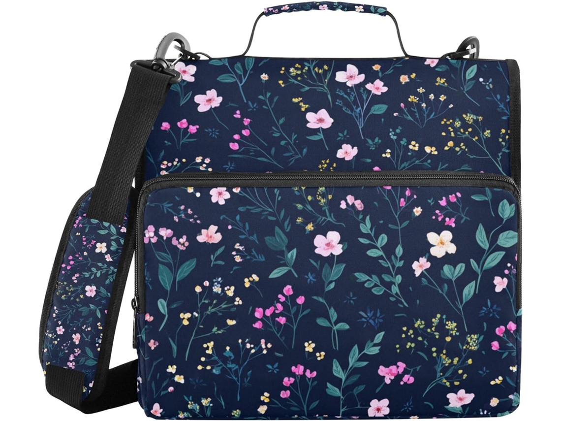 Pasta Floral Azul Meia Noite Com Zíper E Alça, Sacos Diversos De 3,8cm, 3 Armazenamento Argolas, Fichário