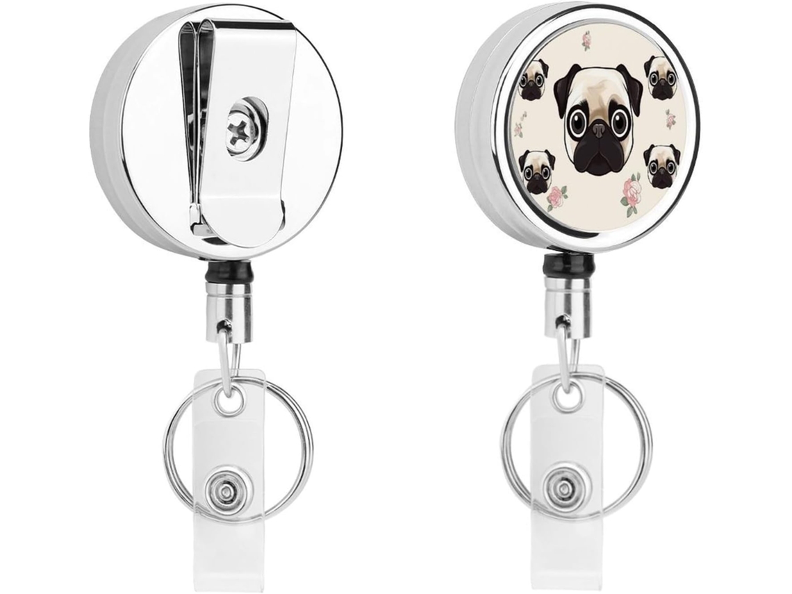 Porta Crachá Retrátil Line Pug Com Clipe Cinto E Argola Chaveiro, Clipe De Metal Cordão, Porta Crachá