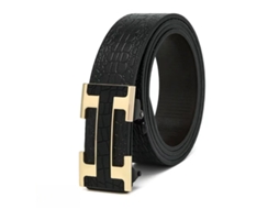 Cinto Masculino Couro Legítimo Acabamento Crocodilo Preto Fivela Automática 110cm, Estilo Business, Presente Requintado Ocasiões Especiais STELASPLEN