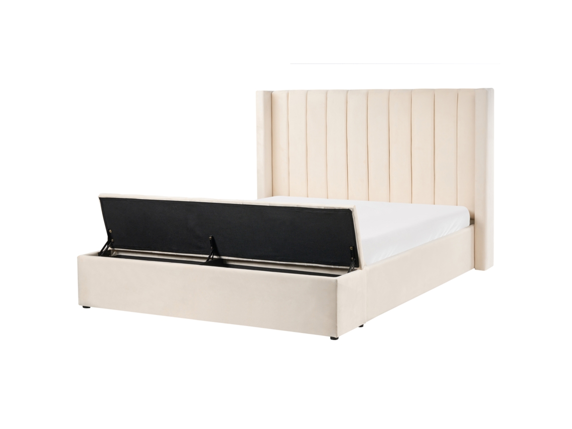 Cama de Água Com Banco de Arrumação BELIANI Noyers de Veludo Branco Creme 160x200