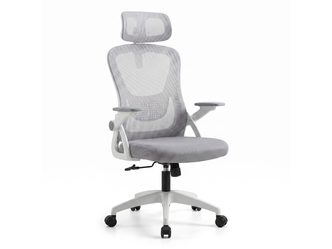 Cadeira de escritório ergonómica branca com apoio de cabeça ajustável, suporte lombar e encosto respirável LORVIK | LORVIK