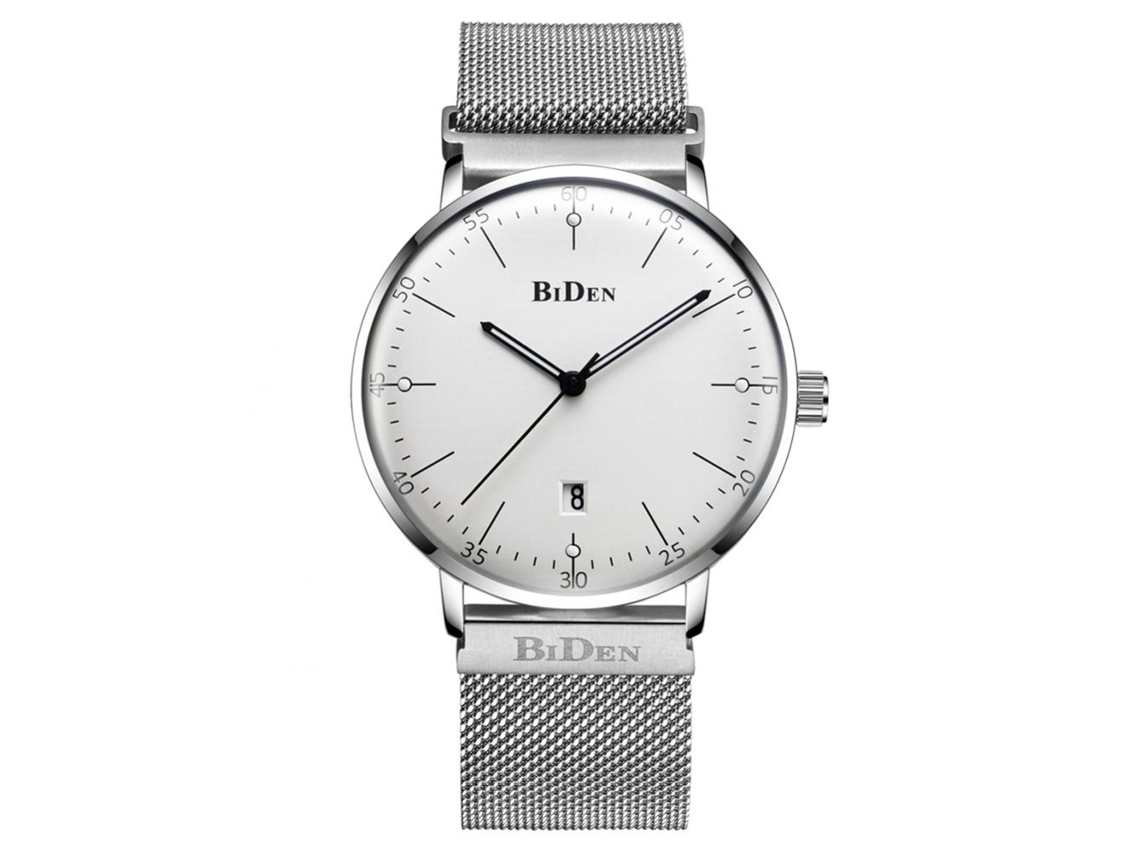 Relógio de pulso masculino Biden em aço inoxidável com mecanismo de quartzo (branco)