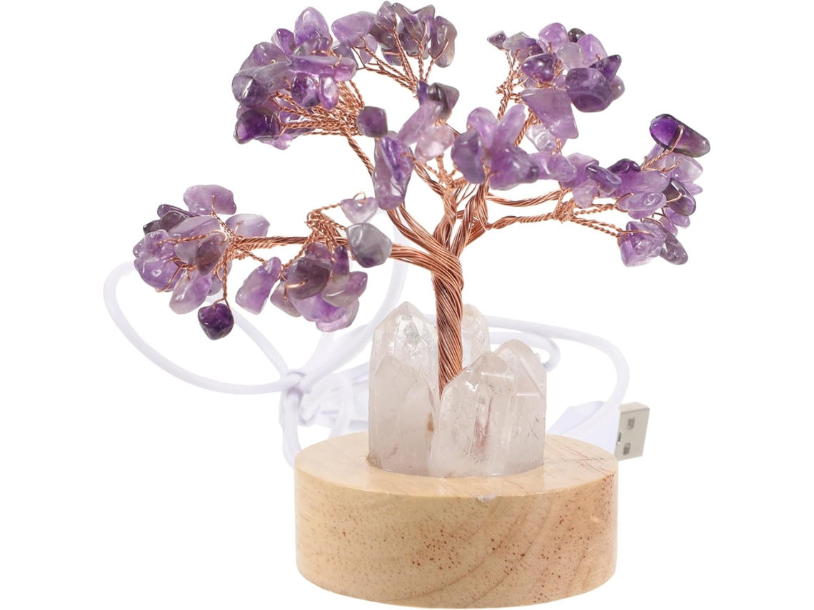 Luminária De Mesa Em Formato Árvore Cristal Ametista Decoração