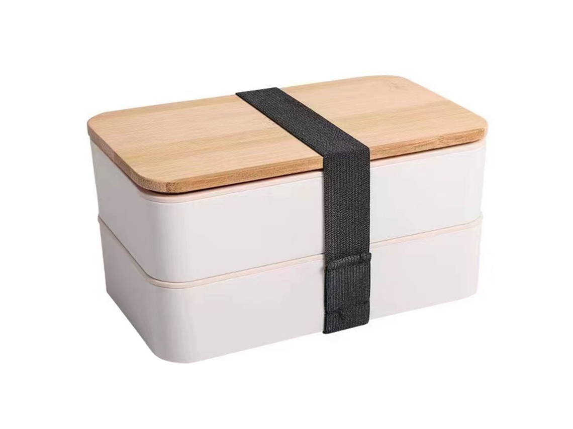 Bandeja De Almuerzo De Doble Capa Con Tapa De Madera 1200ml Para Trabajo Escuela Hogar Blanco