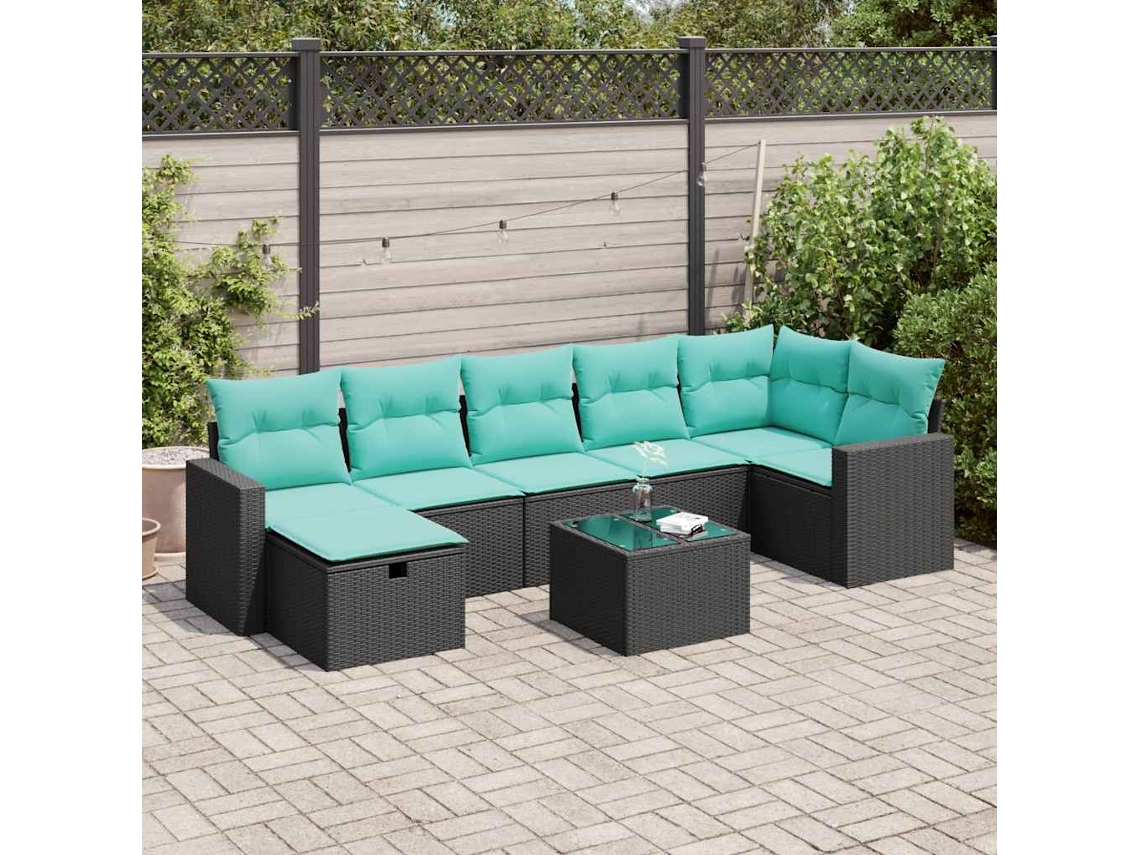 Vidaxl 8 Pcs Conjunto Sofás De Jardim Com Almofadões Vime Pe Preto
