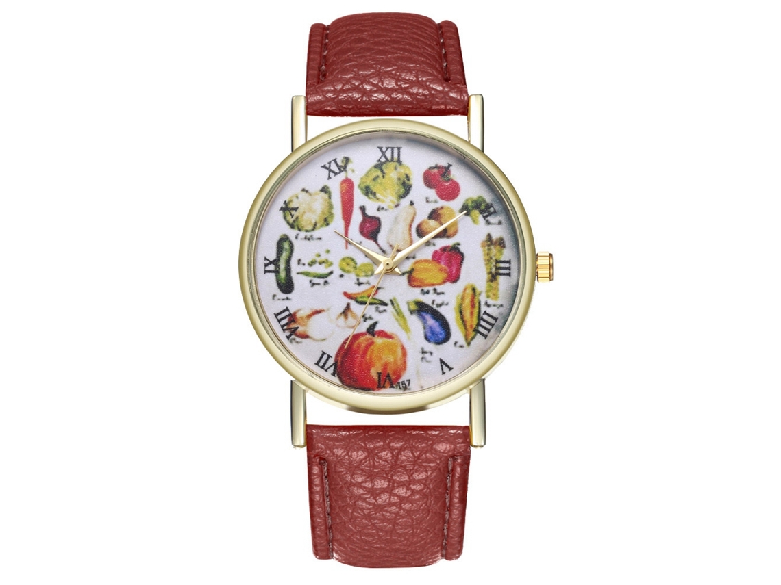Relógio de quartzo unissex com pulseira de couro PU, contador de frutas, estilo casual e moderno (cor café).
