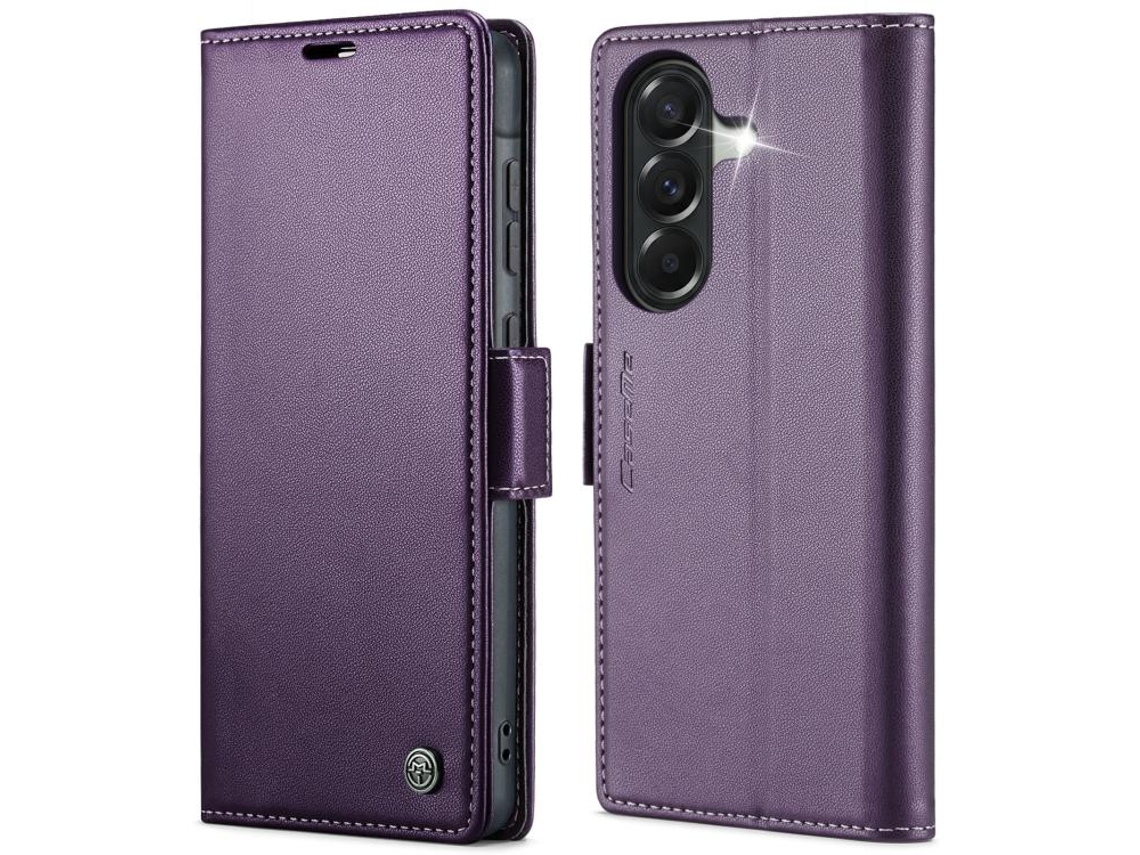 Capa Para Samsung Galaxy A57 5g De Couro Com Textura De Lichia E Fecho Borboleta Com Proteção E Sistema Rfid Antirroubo Roxa
