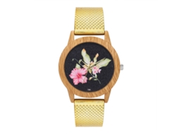 Relógio de pulso analógico de quartzo com pulseira de malha para mulheres e homens, dourado.
