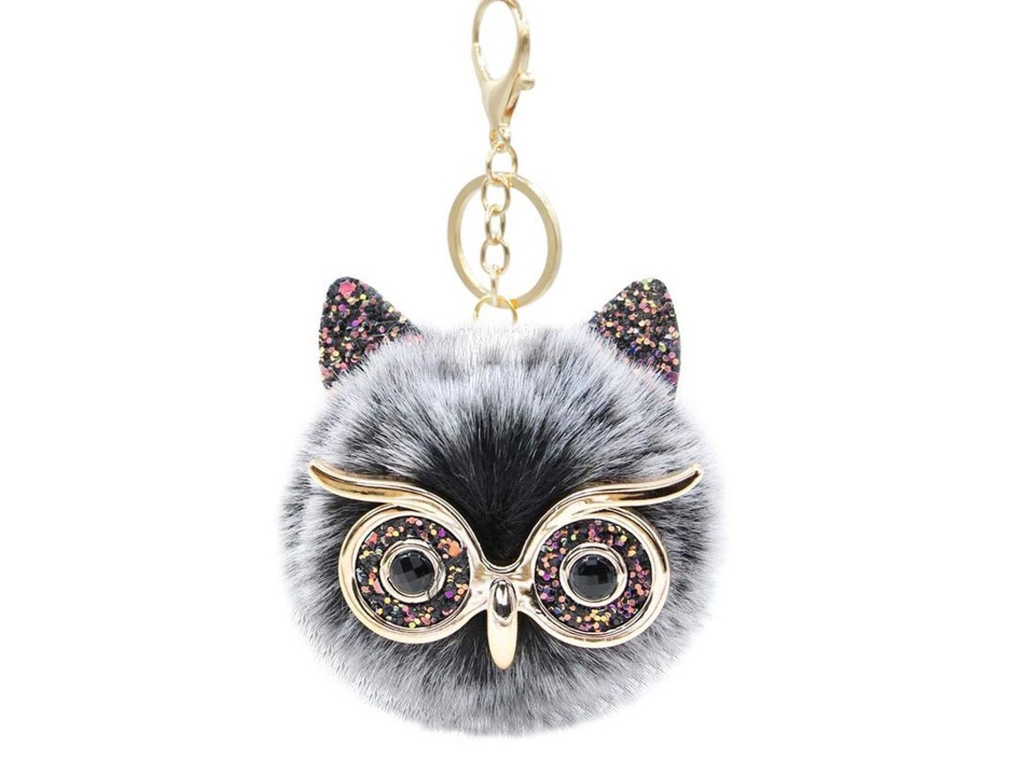 2026 llavero com Pom Pom de Pelúcia Coruja Puffball para Bolsa Cartero Joyero (mistura Preta)