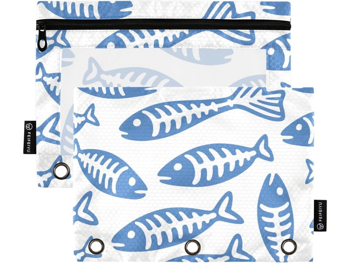 Pasta Minimalista de 3 Argolas com Desenho em Espinha Peixe Azul e Janela Transparente, Estojo para Lápis de Grande