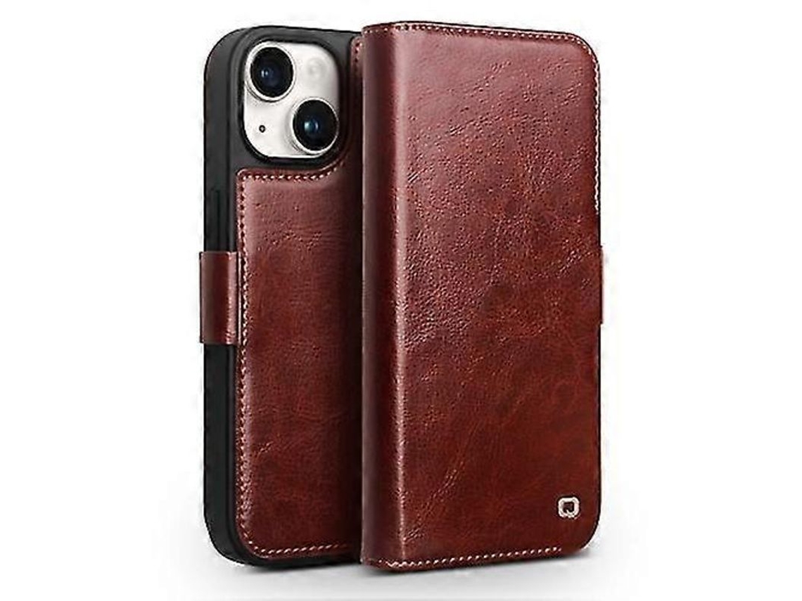 Carcasa De Couro Genuíno Qialino Classic 103 Para Iphone 15 Plus Marrom Com Suporte E Ranura Para Cartões 15 Plus Marrón