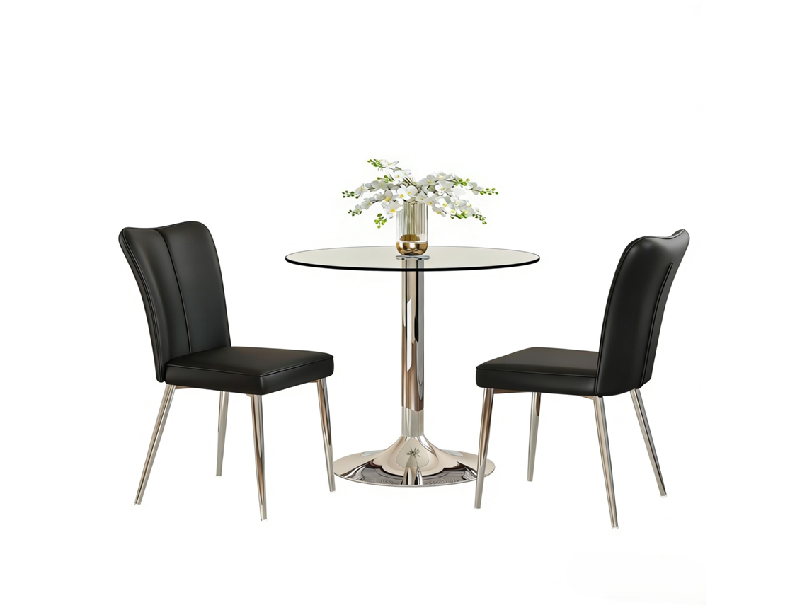 Conjunto De Mesa De Jantar 85 Cm - Vidro De Segurança, 2 Cadeiras Pu - Preto Prata