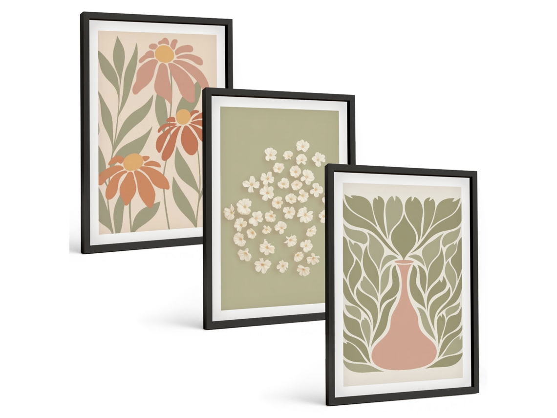 Conjunto De Pinturas Padrões Florais Boho Espelharte (3 Peças 40x60 Cm)