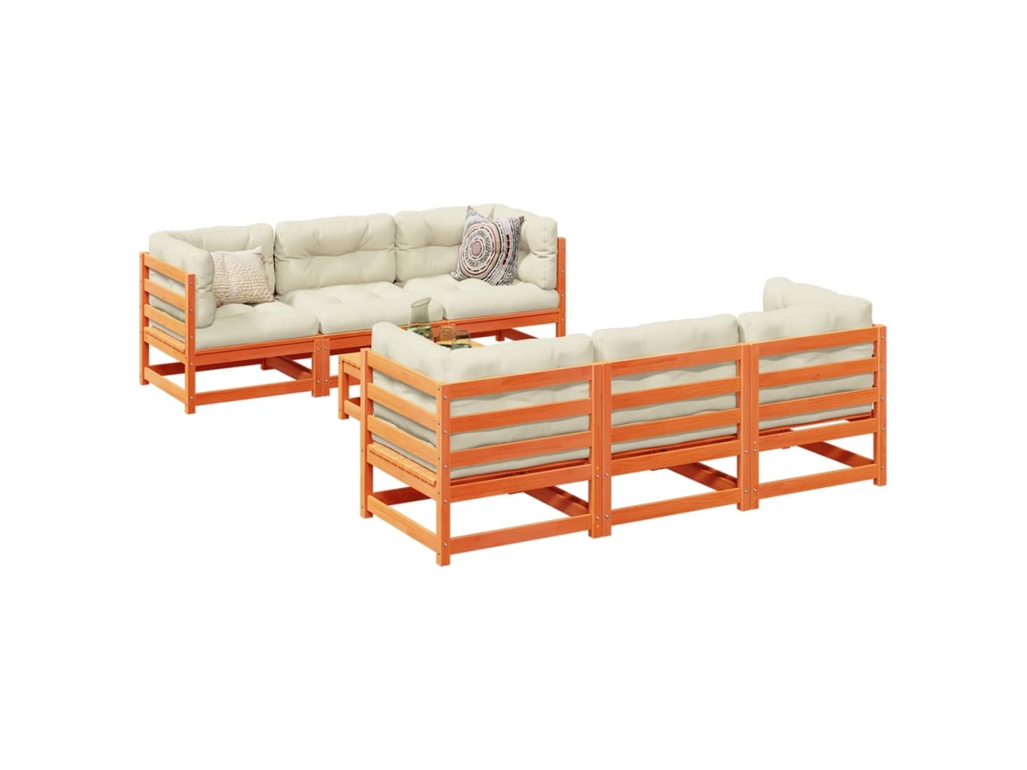 Conjunto 7pcs Sofás Jardim C/ Almofadões Pinho Maciço Marrom Mel Dkd Home Decor