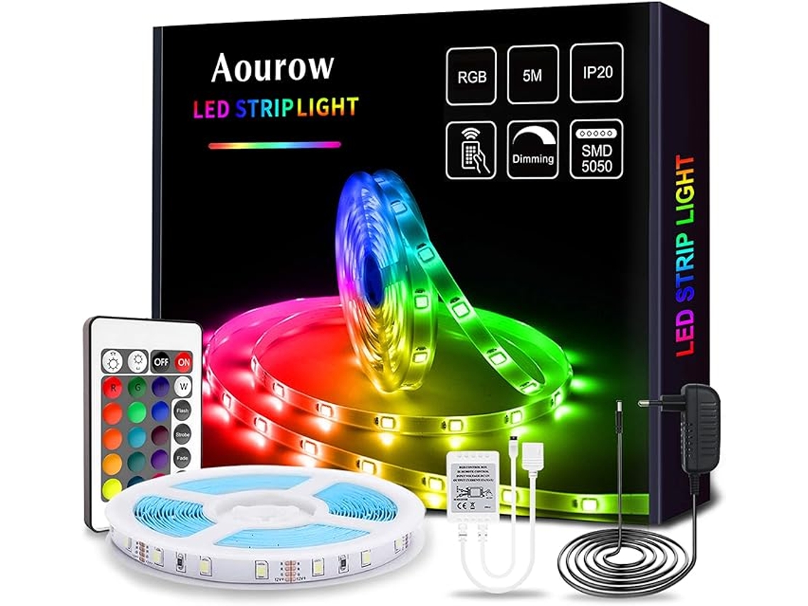 Fita Led, 12v, 5 M, Rgb, Comando Remoto, Para Decoração De Móveis, Televisão, Prateleiras E Ambientes Internos
