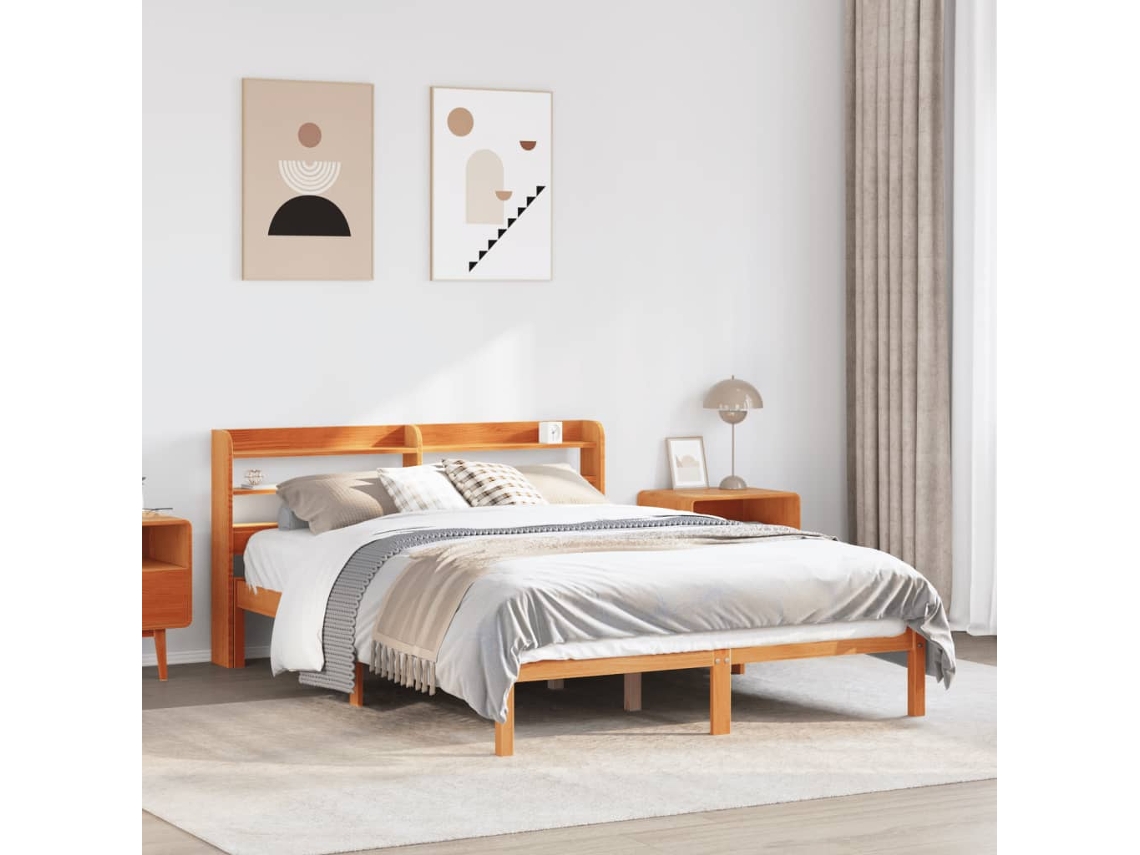 Vidaxl Estrutura Cama C/ Cabeceira 150x200cm Pinho Maciço Castanho-mel