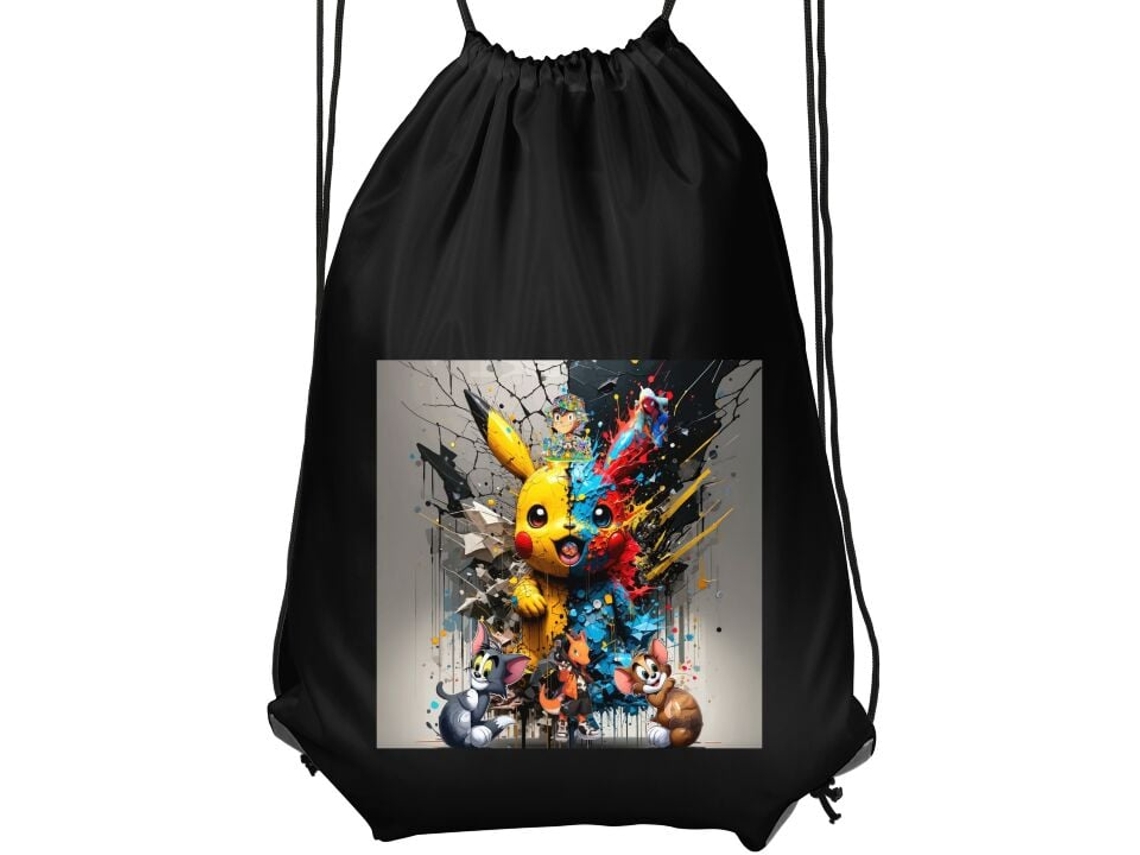 Mochila De Ginástica Infantil| Confortável E Prática, Preta. Estampa Pop Art Criativa Com Personagens De Desenho Animado E Respingos Coloridos