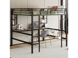 Cama Alta 140x200cm Preto Com Mesa De Escritório E Prateleiras
