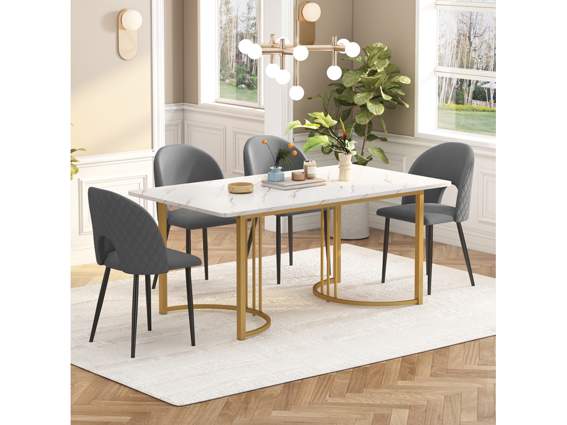Conjunto Jantar 140x80cm + 4 Cadeiras Veludo Cinza Diamante, Pernas Pretas.-qq