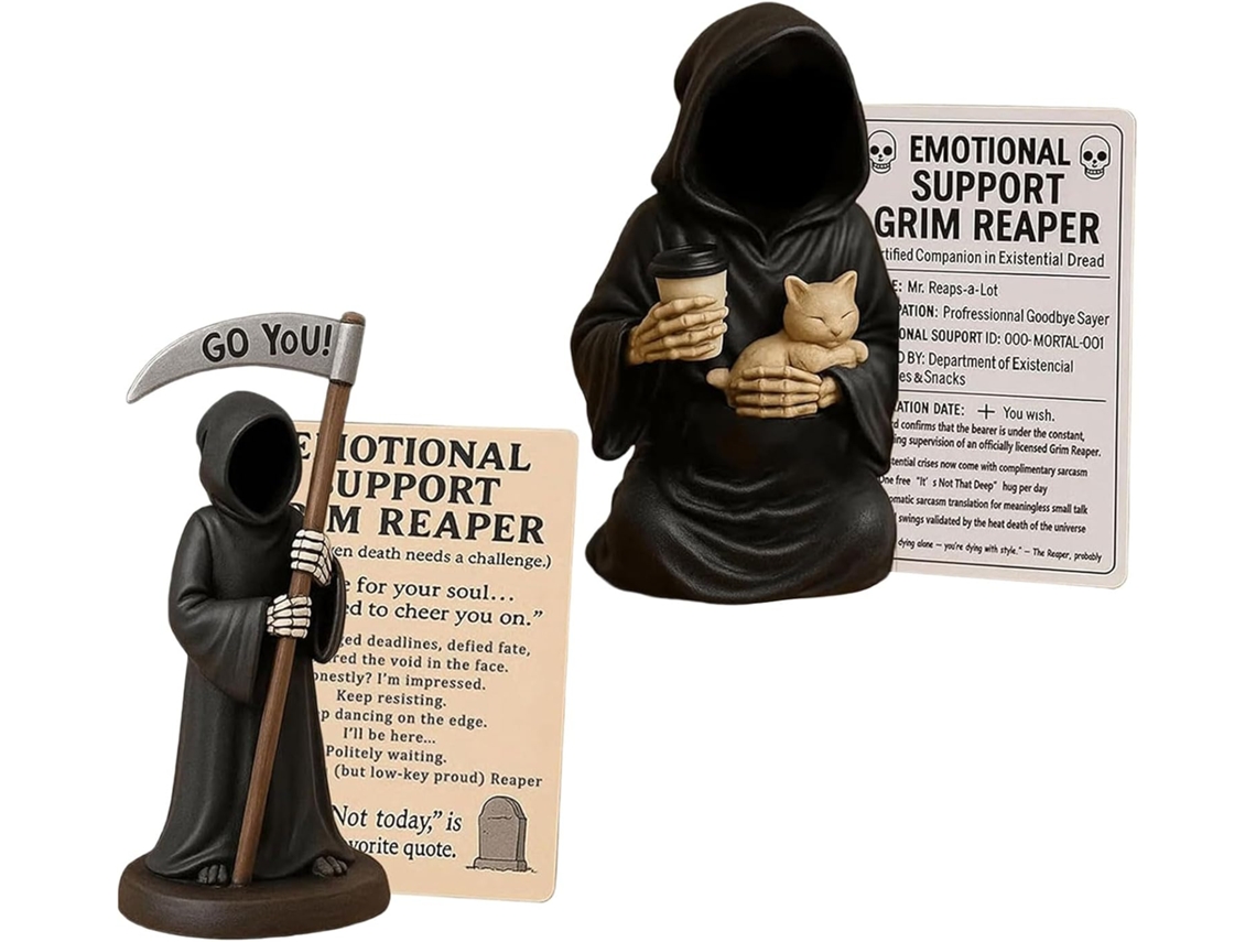 Escultura Gótica De Morte Emocional Com Xícara De Café E Gatos, Ideal Para Decoração Com Humor Negro Em Casa