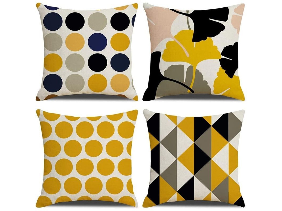 Capinha de Almofada de Lino e Algodão Amarela Geométrica Moderna para Sofá 45x45cm Conjunto de 4