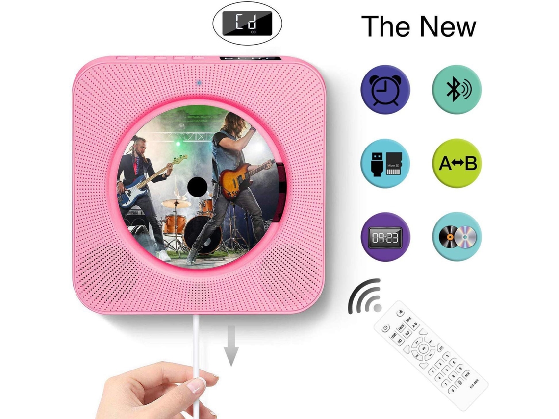 Leitor de CD de Parede com Bluetooth, Rádio, Altifalantes, Comando, MP3, USB Rosa HEXINYIGJLY