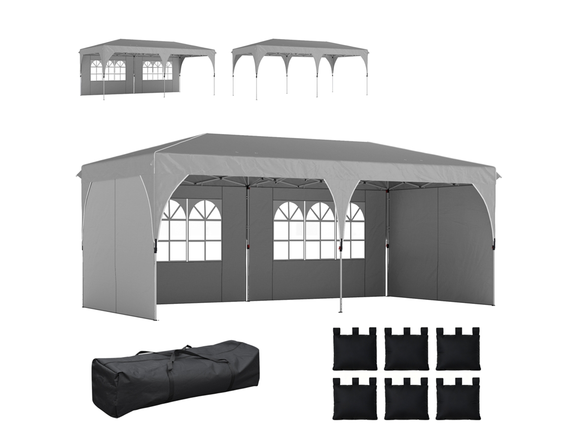 Gazebo retrátil 3x6 m com paredes e altura ajustável, proteção UV 50+, cinza claro BTFORUS