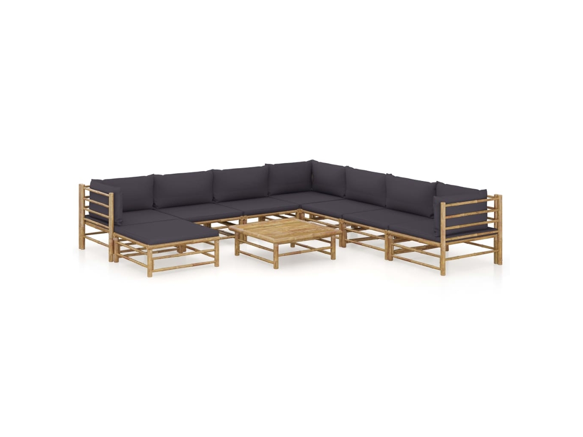 9 Pcs Conj. Lounge Jardim Em Bambu C/ Almofadas Cinza Escuro Haochrymec