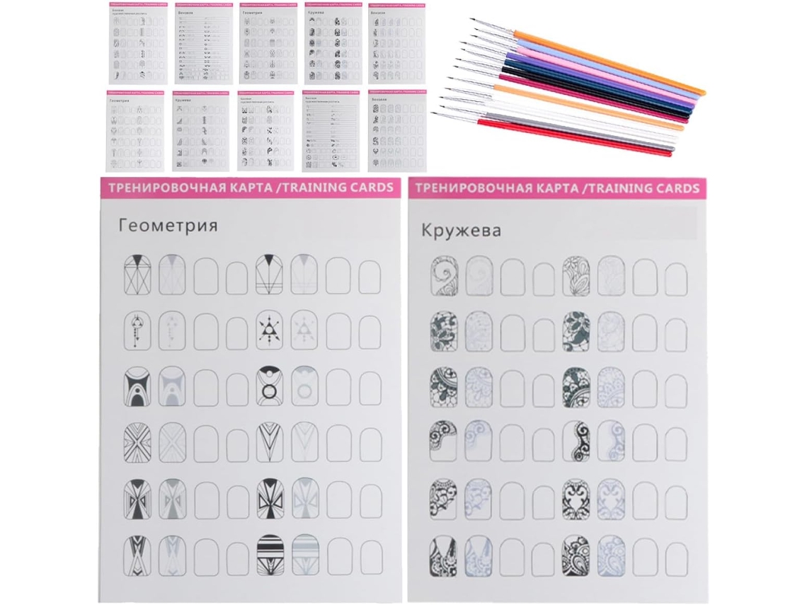 Kit de treinamento de manicure com 12 folhas de papel e madeira para arte em unhas.