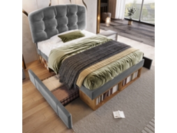 Cama estofada 90x200 cm, veludo cinza, ripas, cabeceira curva ajustável, gavetas, sem colchão VSOGA