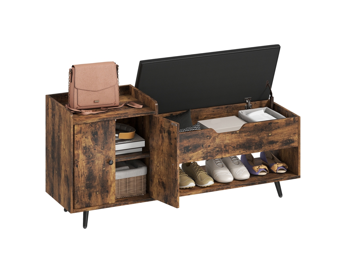 Banco Sapateira Estilo Industrial com Assento Acolchoado e Compartimento 127x35x59cm Castanho Rústico BTFORUS