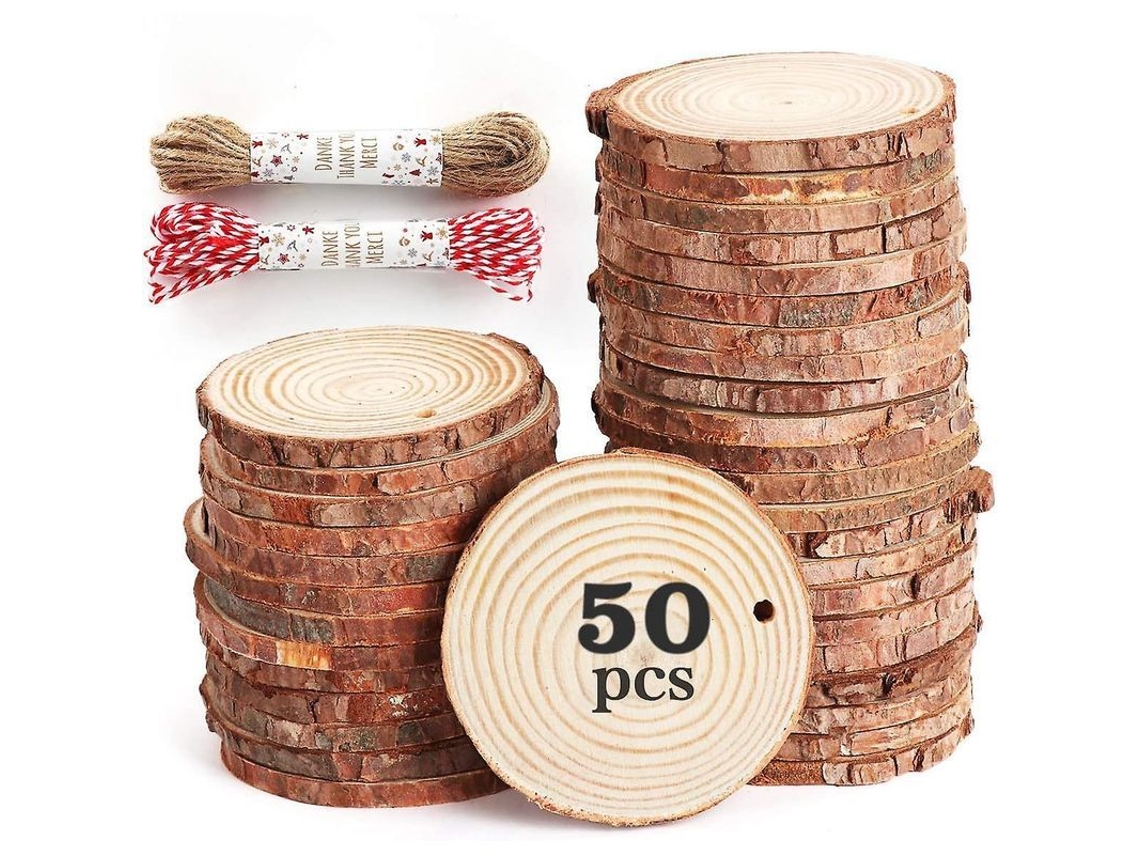 50 Rodajas De Madeira Natural De 6-7 Cm Com 20m De Corda Para Decoração Diy E Presentes