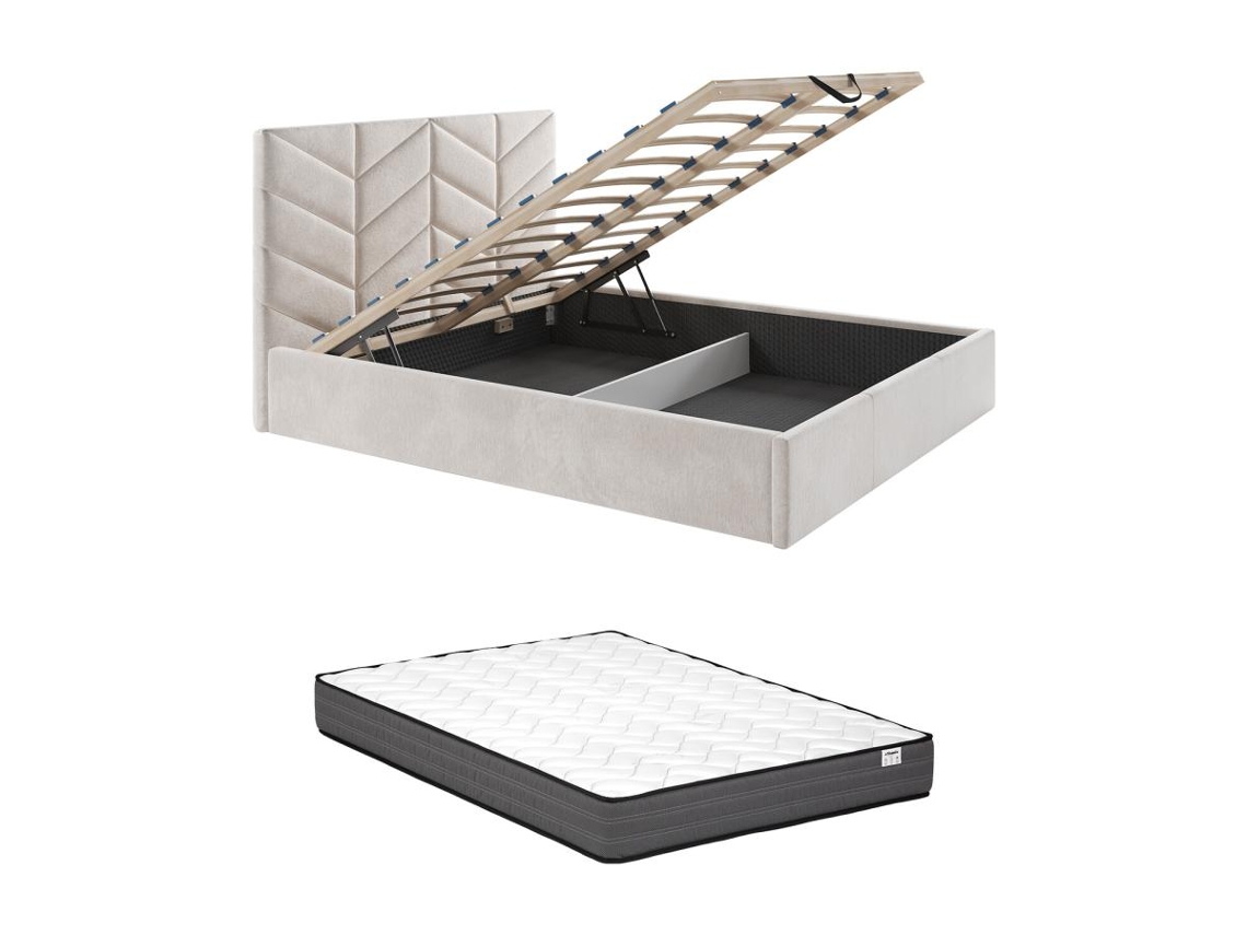 Cama Com Cofre Justani VENTE-UNIQUE.PT Creme 200 X 200 Cm - Com Colchão - Com Estrado