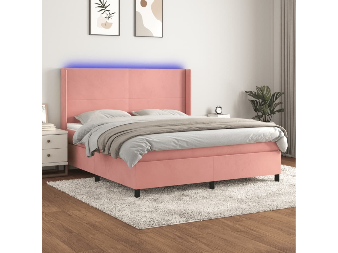 Vidaxl Cama Box Spring C/ Colchão/led 160x200 Cm Veludo Rosa